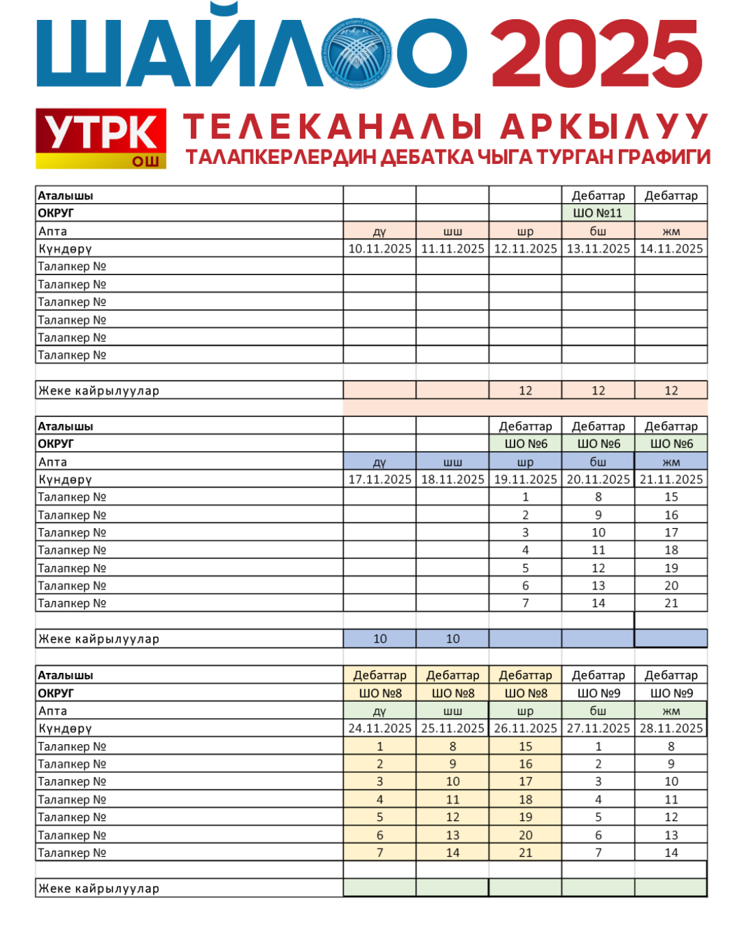 УТРК Ош дебаттардын графиги