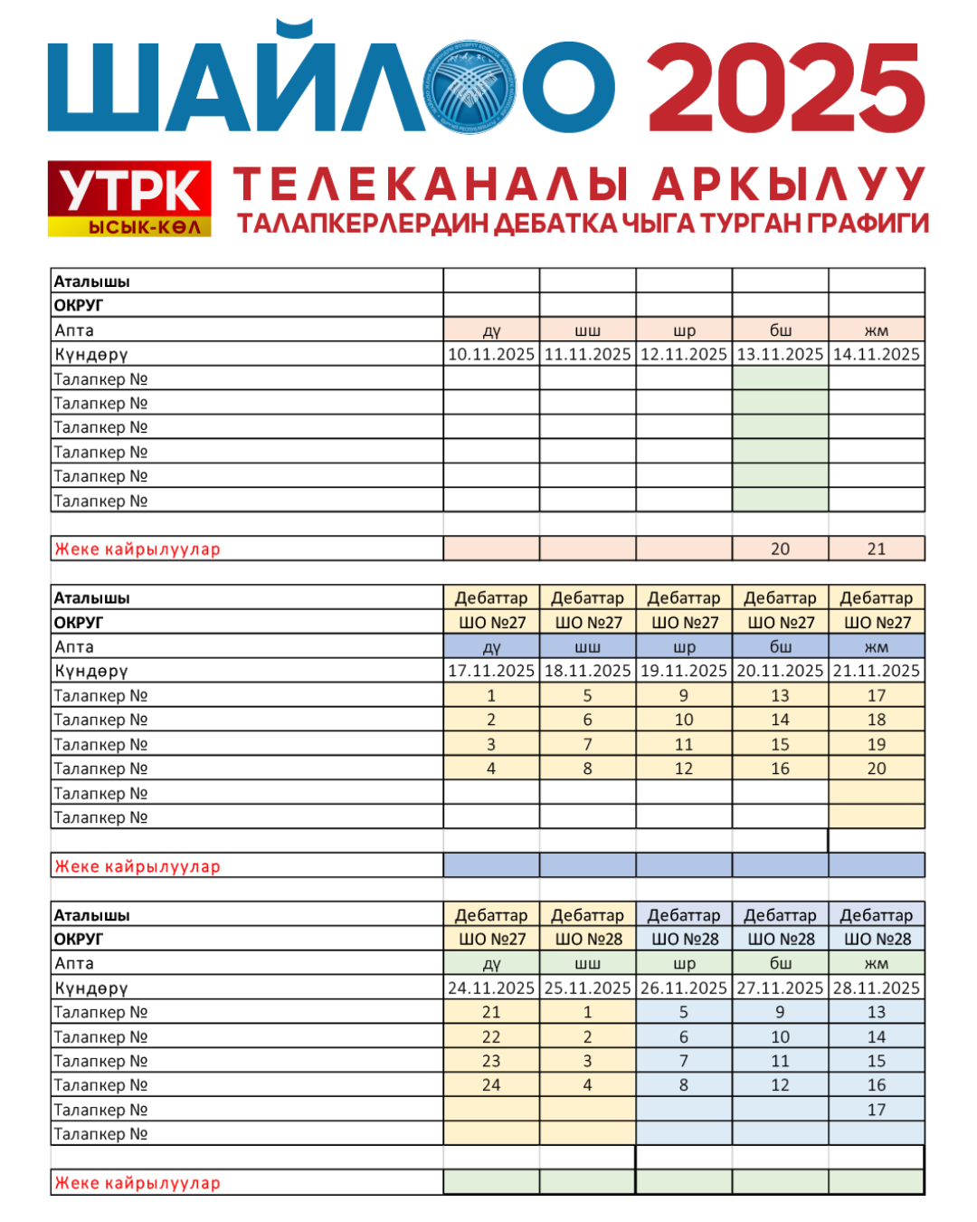 УТРК Ысык-Көл дебаттардын графиги